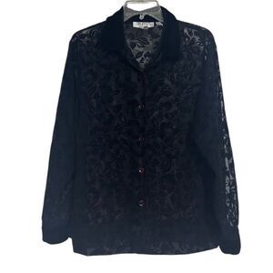 Vintage Truffles Blouse Womens Medium Black Jacquard Velvet Burnout Floral Sheer